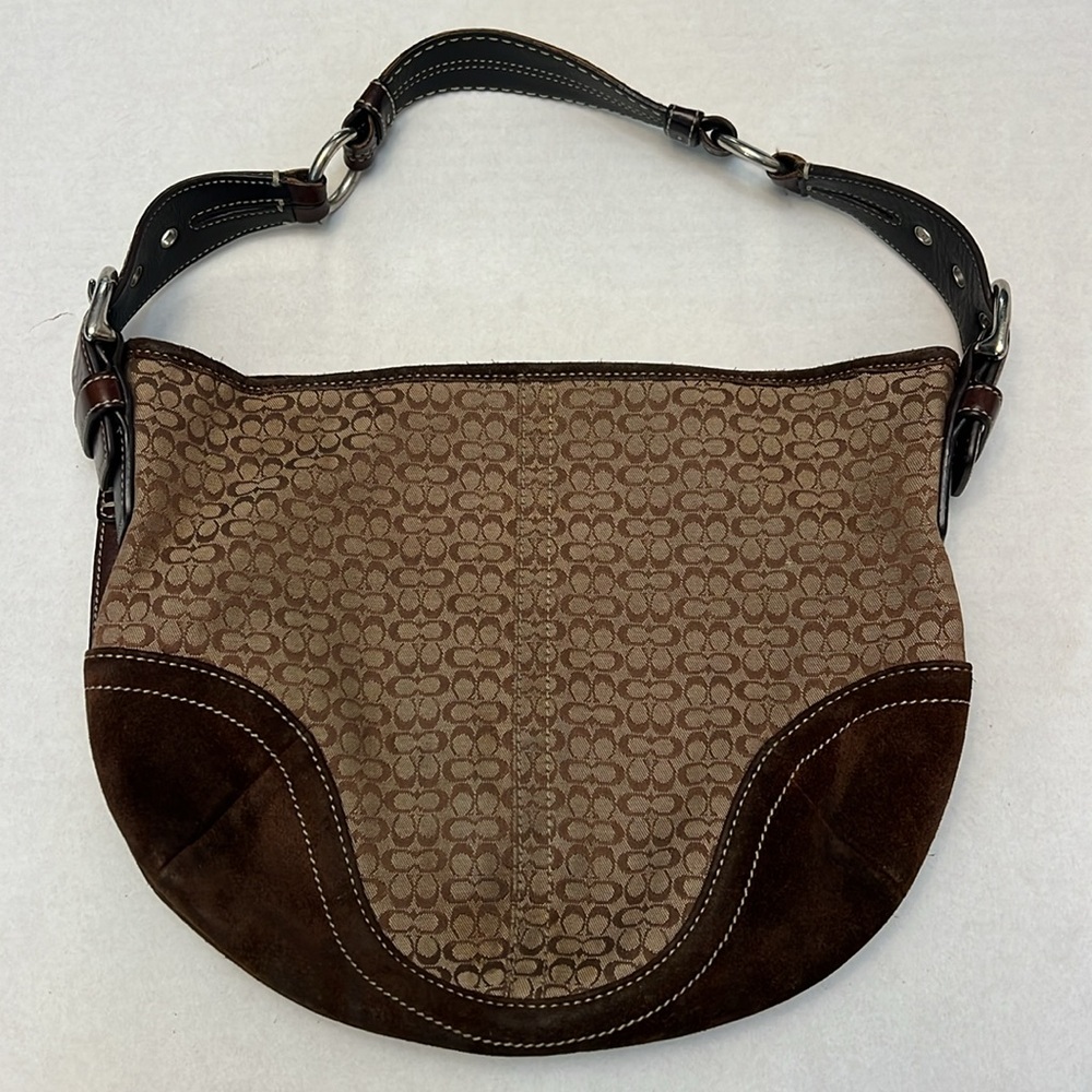COACH SOHO SIGNATURE HOBO SHOULDER BAG BROWN SUEDE BOTTOMS - Picture 2 of 16
